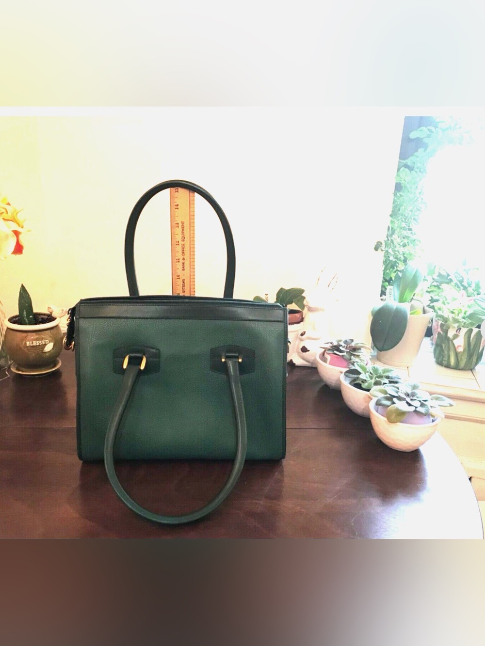 Authentic GUCCI Emerald-Green Color Leather Tote Hand Bag Pre-owned Very Good+ - Picture 12 of 14